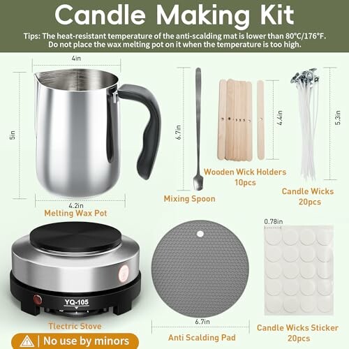 Candle making kit components with melting pot, electric stove, wicks, and accessories.