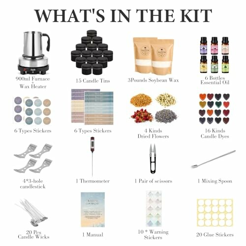 Candle making kit contents with wax heater, tins, wax, oils, stickers, dried flowers, dyes, candlestick, thermometer, scissors, spoon, wicks, manual, and warning stickers.