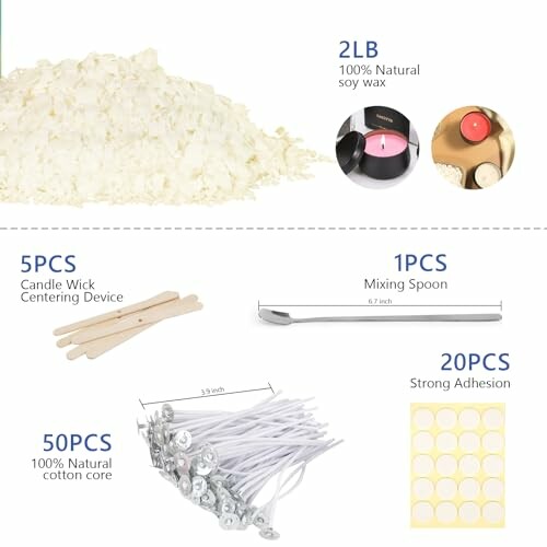 Contents of a candle making kit including soy wax, wick centering devices, mixing spoon, cotton core wicks, and adhesive stickers.