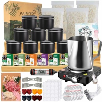 Candle making kit with supplies including tins, wax, scents, thermometer, and tools.