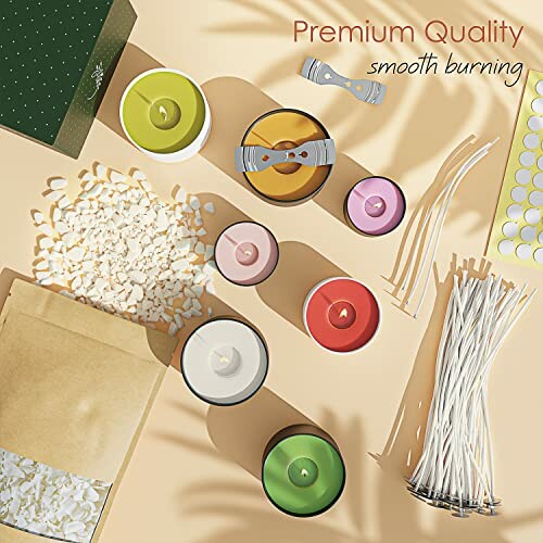 Candle making kit with wax, wicks, and colorful candle tins.