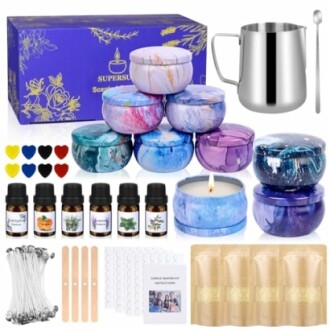 Candle making kit with tins, oils, and accessories.