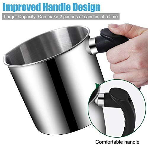 Stainless steel pouring pot with ergonomic handle for candle making.