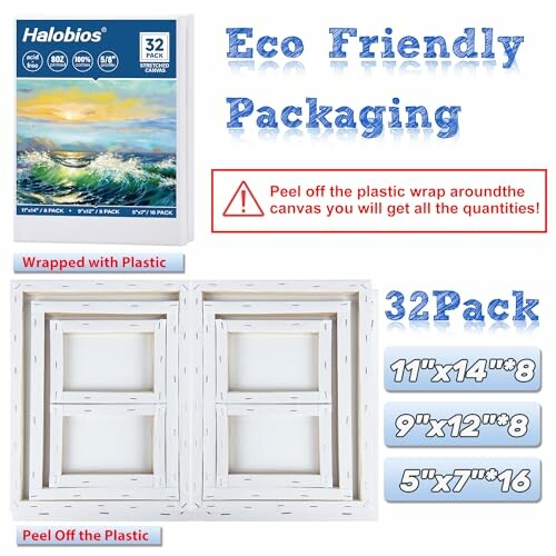 Eco-friendly packaging for Halobios canvas set with size and quantity details.