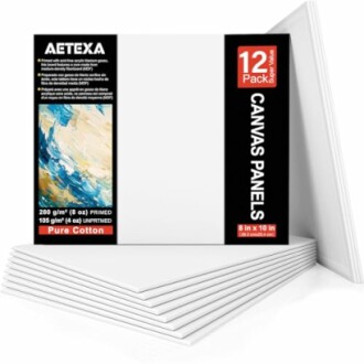 Pack of 12 Aetexa canvas panels, 8x10 inches, pure cotton, primed.