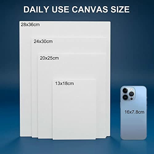 Comparison of daily use canvas sizes next to a smartphone.