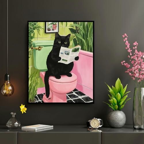 Painting of a black cat sitting on a toilet reading a newspaper.