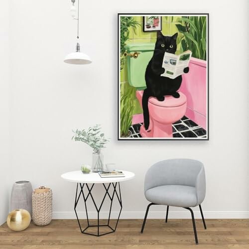 Painting of a black cat on a pink toilet reading a newspaper.