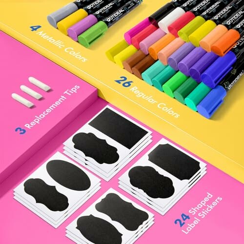 Chalk markers set with 4 metallic colors, 26 regular colors, replacement tips, and shaped label stickers.
