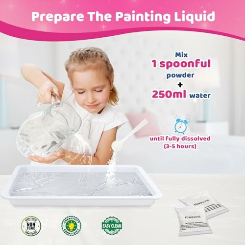 Child mixing powder and water for painting liquid preparation.