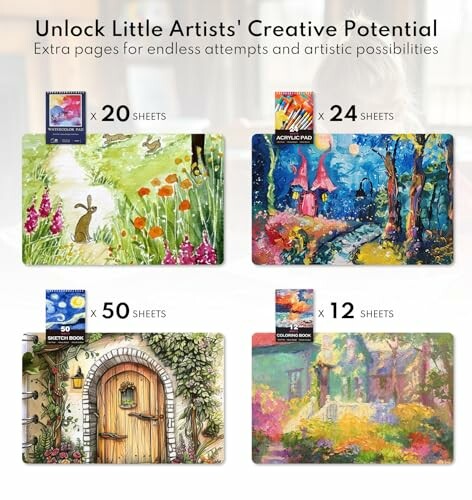 Children's art supplies with colorful illustrations and sheet counts.