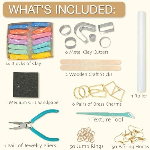 Contents of a clay jewelry making kit including clay blocks, metal cutters, craft sticks, roller, sandpaper, brass charms, texture tool, pliers, jump rings, and earring hooks.