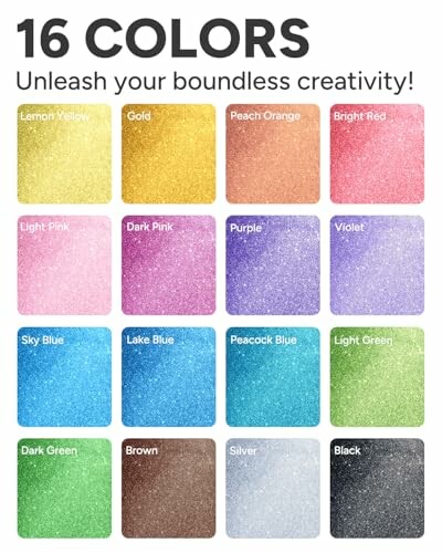 Chart displaying 16 glittery colors for creativity.