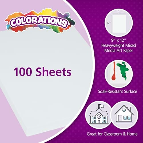Colorations mixed media art paper, 100 sheets, 9x12 inches, soak-resistant, for classroom and home.