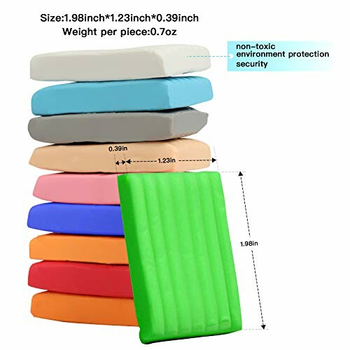 Stack of multicolored clay bars with dimensions and labels.