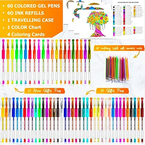 A colorful set of 60 gel pens with ink refills, a traveling case, color chart, and coloring cards.