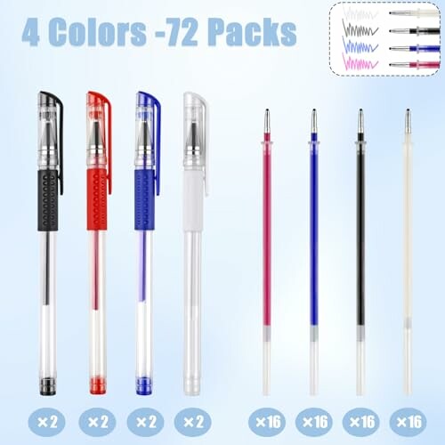 Set of 72 colored gel pens with refills in black, red, blue, and pink.