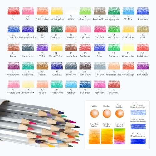 Color chart with labeled pencil colors and pressure techniques.