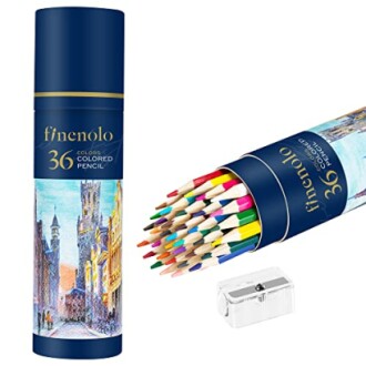 Set of 36 colored pencils in a decorative cylindrical box with sharpener.
