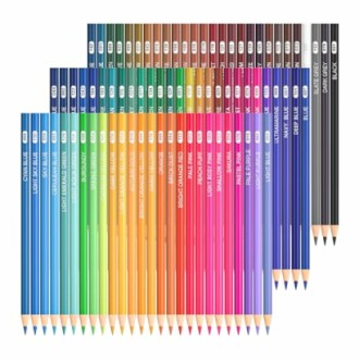 Set of colorful art pencils arranged in a rainbow pattern.