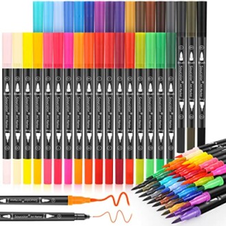Set of colorful dual-tip art markers arranged in rows.