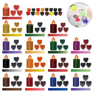 Various colorful heart and candle-shaped molds with corresponding color strips.