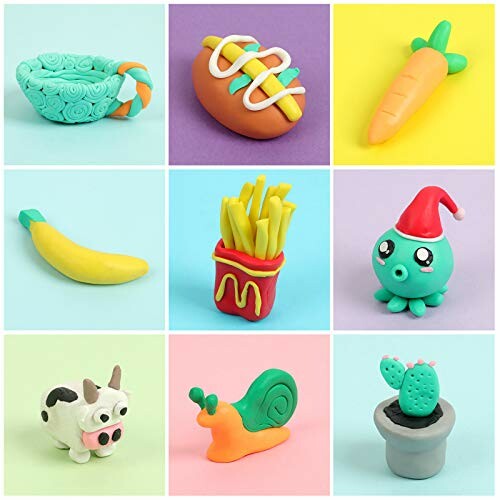 Nine colorful clay models including a basket, hot dog, carrot, banana, fries, octopus, cow, snail, and cactus.