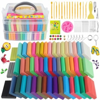 Colorful clay modeling kit with tools and accessories.