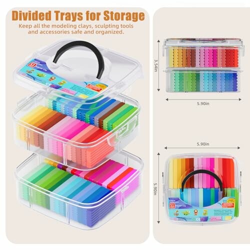 Stacked trays of colorful modeling clay with storage dimensions.