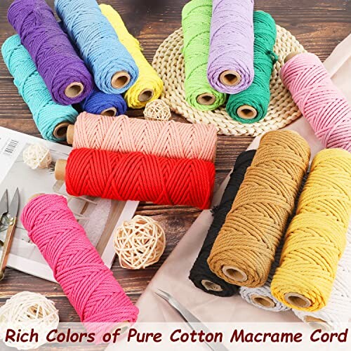 Various colors of cotton macrame cord arranged with craft supplies.