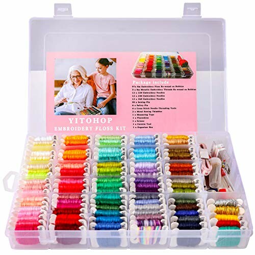 A colorful embroidery floss kit with multiple shades organized in a transparent box.