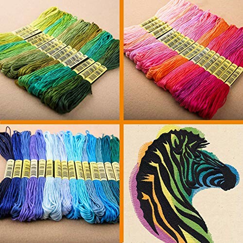 Colorful embroidery threads and zebra pattern design.
