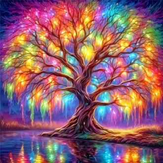 A vividly colorful tree with bright lights reflecting on a water surface.