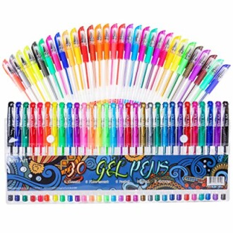 Colorful gel pen set with multiple shades and designs.