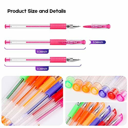 Colorful gel pens with size details and close-up views.