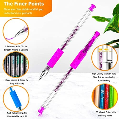 Colorful gel pens set with bullet tip, soft rubber grip, and vibrant ink colors.