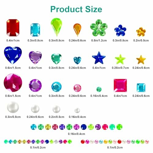 A size chart of colorful gems and beads in various shapes and sizes.