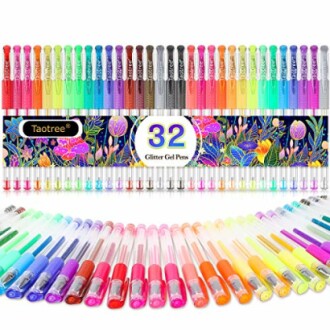 Set of 32 colorful glitter gel pens arranged in a row.