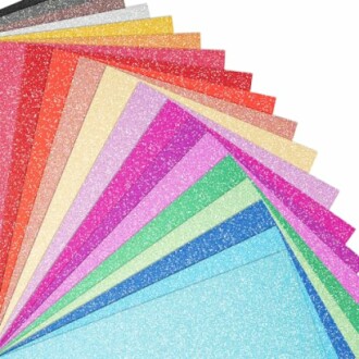 Assorted colorful glitter paper sheets in a fan arrangement.