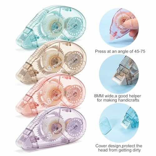 Colorful glue tape dispensers with instructions for use.