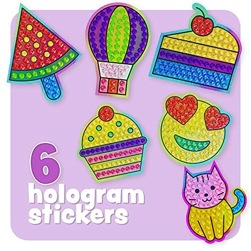 Colorful hologram stickers including ice cream, hot air balloon, cake, cupcake, emoji, and cat.