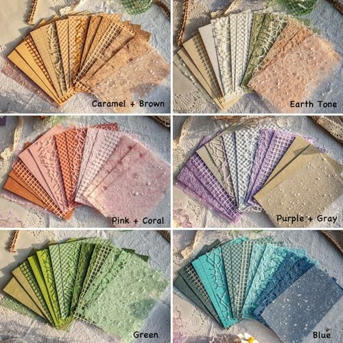 Assorted lace fabric swatches in various colors.