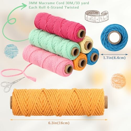 Colorful macrame cord set with six rolls in various colors and dimensions.