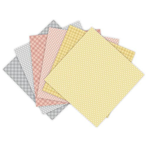 Assorted square sheets of patterned paper in various colors.