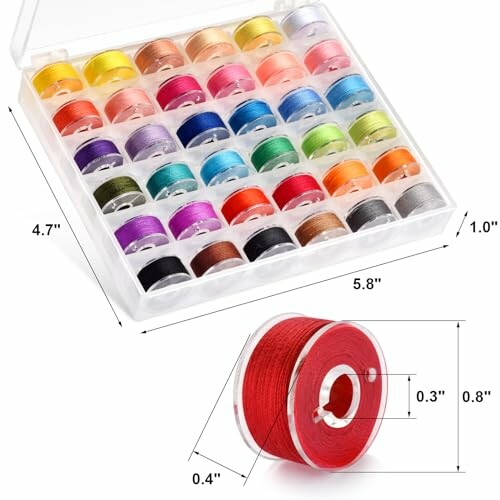 Box of colorful sewing thread bobbins with dimensions.