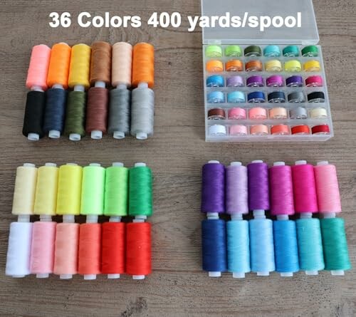 Set of 36 colorful sewing threads with 400 yards per spool.