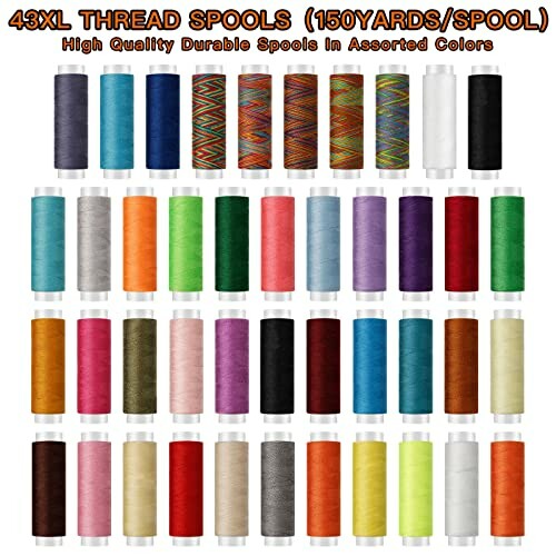 Assorted colorful thread spools in multiple colors.
