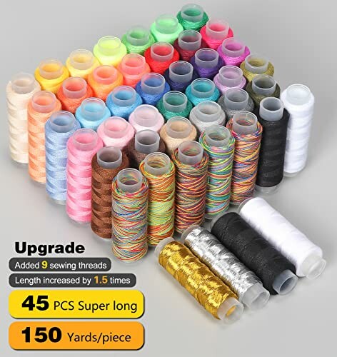 Assorted colorful sewing threads in various shades and patterns.