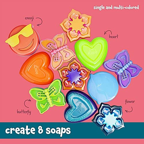 Colorful soap molds in shapes of emoji, heart, flower, and butterfly.
