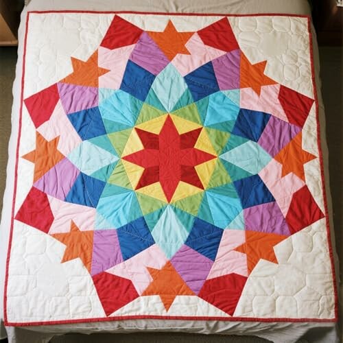 Colorful star-patterned quilt on a bed.
